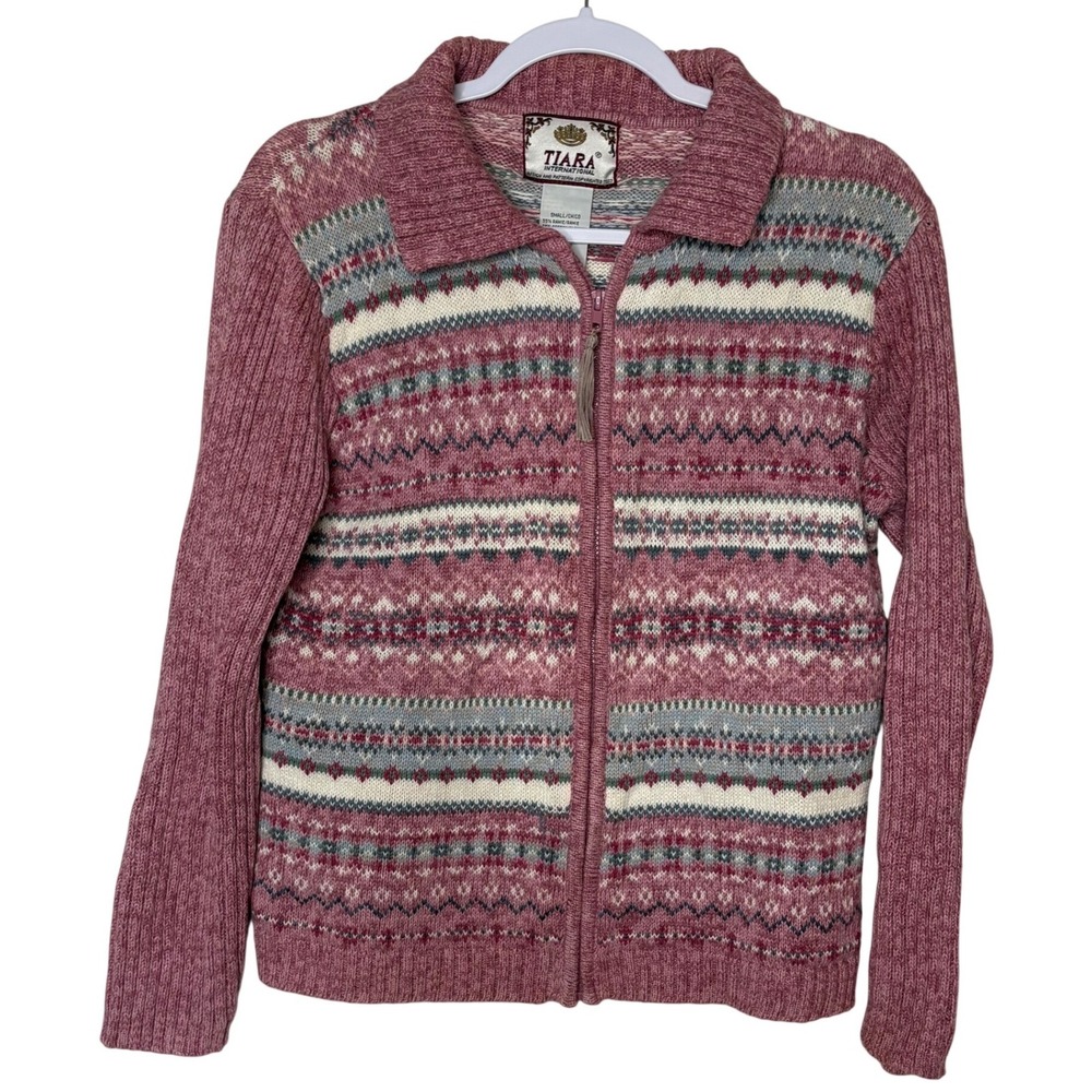 Vtg Tiara International Zip Sweater S Pink Fair Isle Cotton Ramie Y2K Nordic